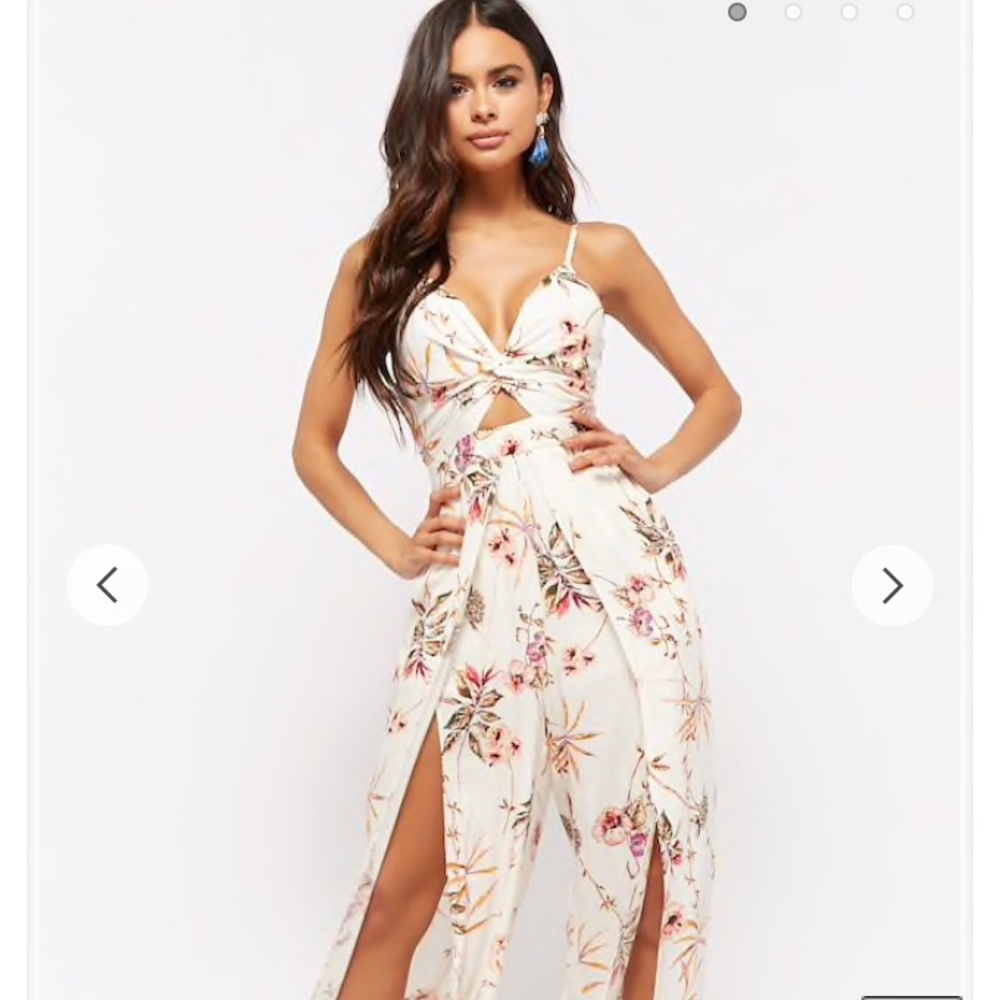 Crinkled Floral TwistFront Cutout Overlay Jumpsuit